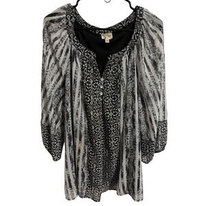 Fig and Flower Tunic Blouse Womens 3X Black White Excellent Mixed Print Chiffon